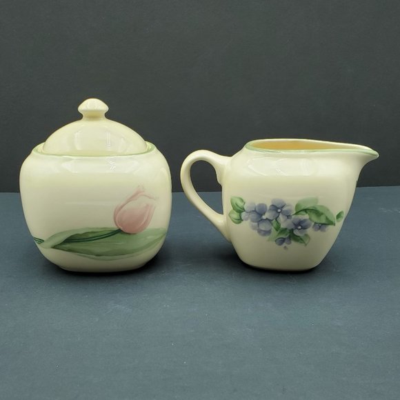 Pfaltzgraff Garden Party Creamer and Sugar Bowl with Lid Tulips Violets Leaves - Picture 1 of 7